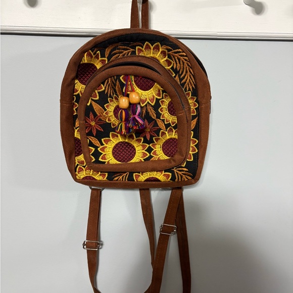 Handbags - Brown Floral Embroidered Backpack